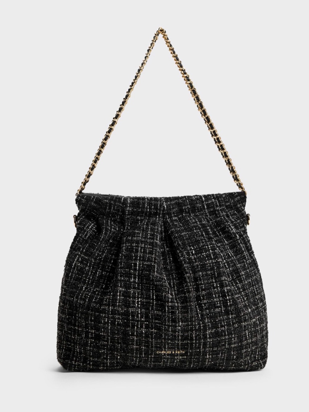 Charles & Keith Black Tweed Shoulder Bag with Gold Chain Strap
